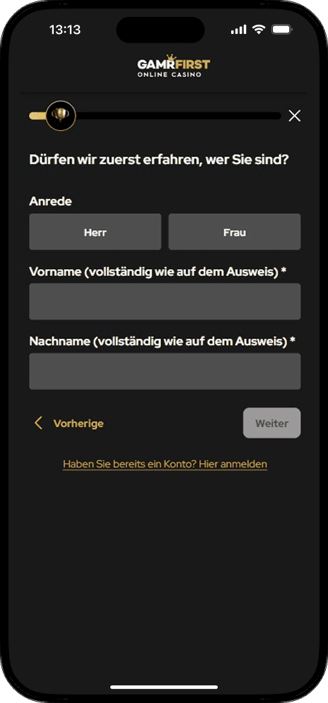 Registrierung im GAMRFIRST Casino